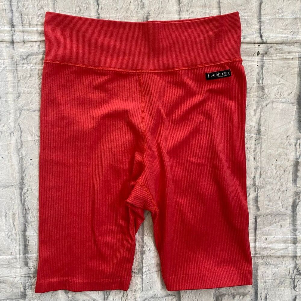 Bebe woman ribbed high waist compression shorts athleisure gym athletics